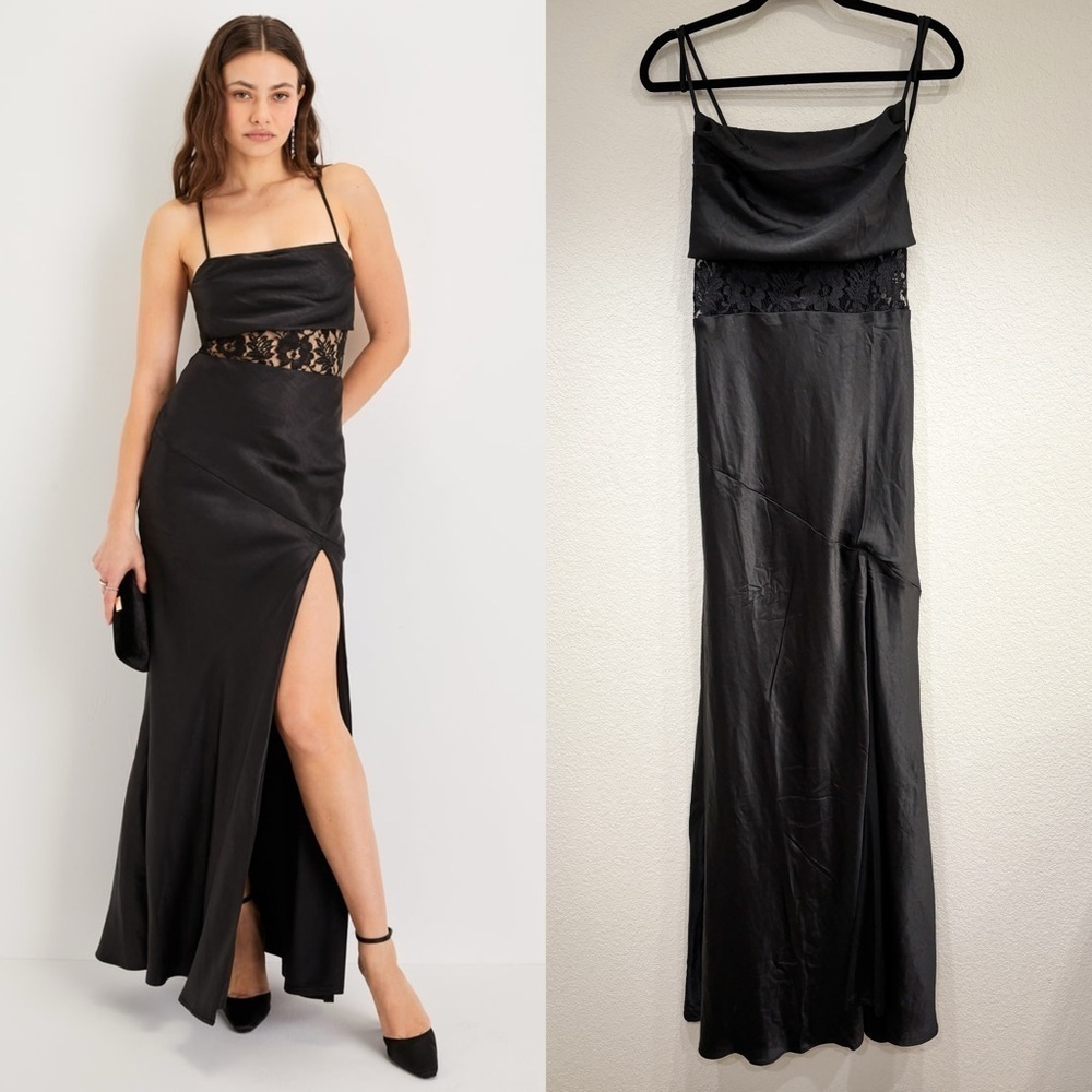 NWOT Lulus Romantic Intrigue Black Satin Lace Lace-Up Maxi Dress